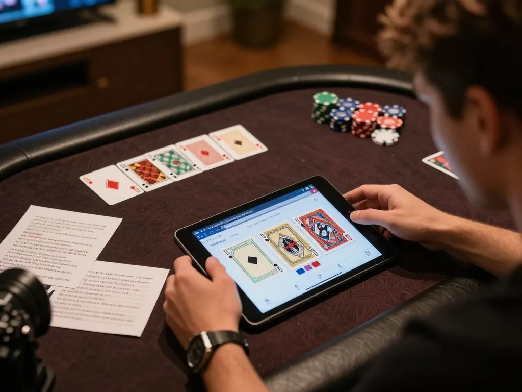 Engaging in high-stakes poker with vipwin on a tablet, showcasing strategy and comfortable home setting.
