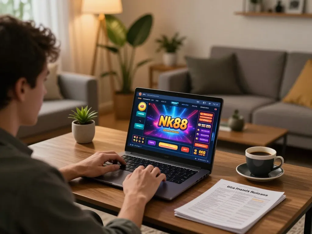 Nk88 online player strategizing with a laptop in a cozy living room setting