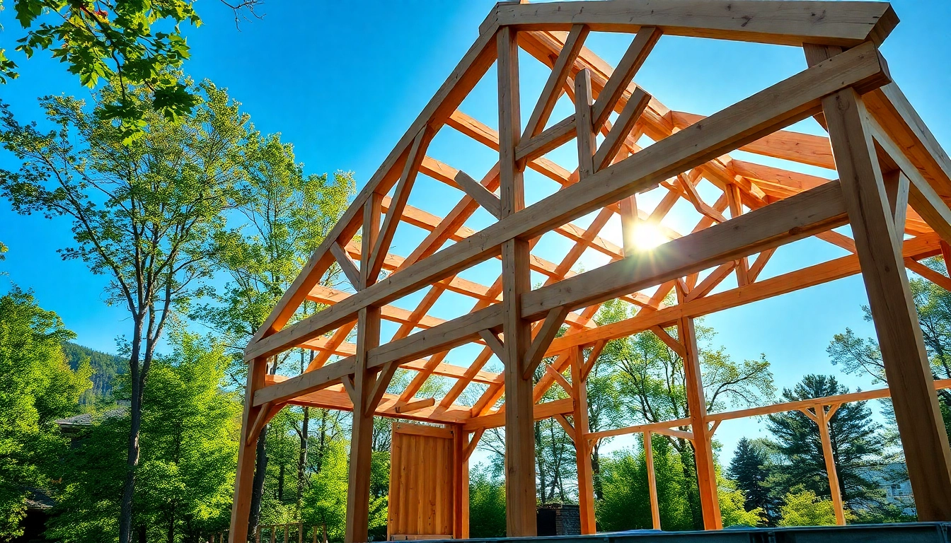 Showcase of the structural timber frame highlighting its intricate design and natural setting.