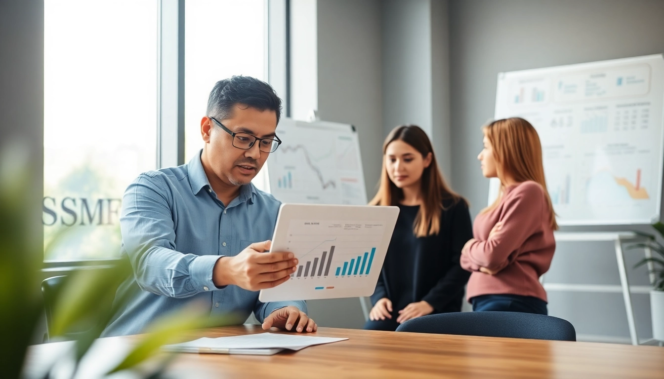 SMSF accountant presenting investment strategies to engaged clients in a modern office.