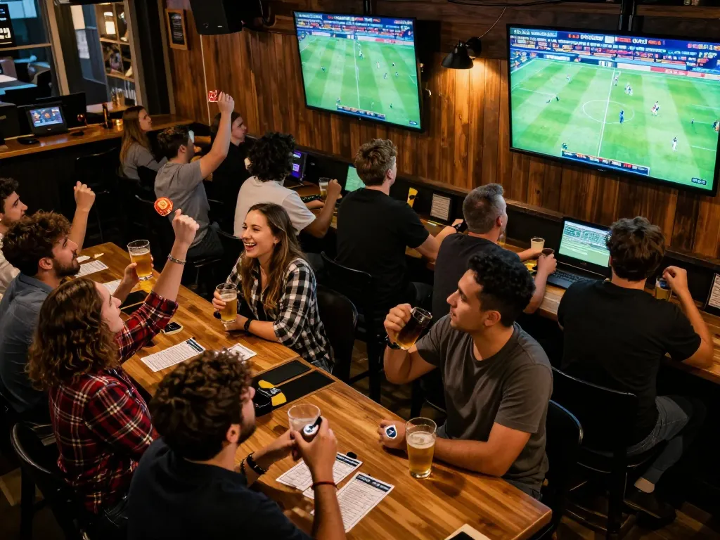Socolive sports betting atmosphere with fans cheering and enjoying live football matches in a vibrant sports bar.