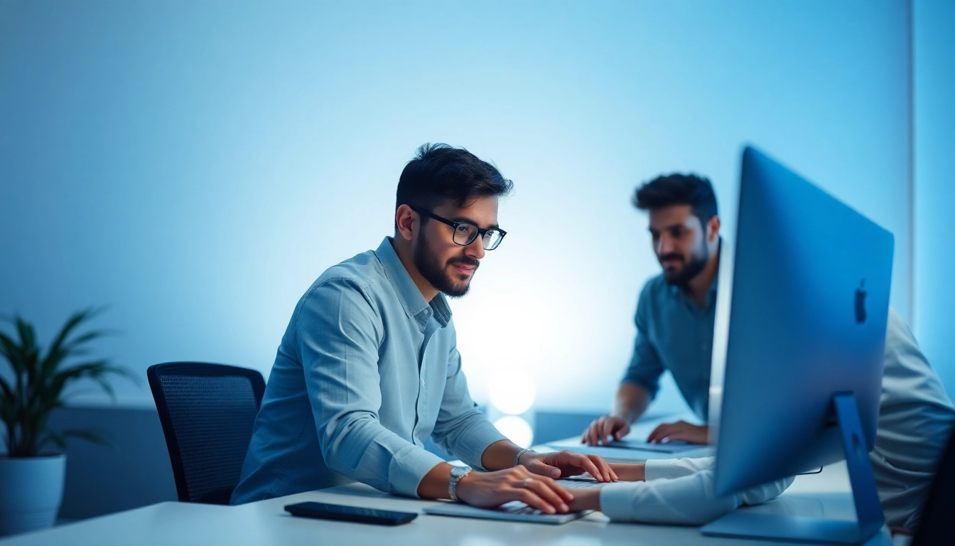 Desenvolvimento de Site com equipe digital criando estratégias para otimização de presença online.