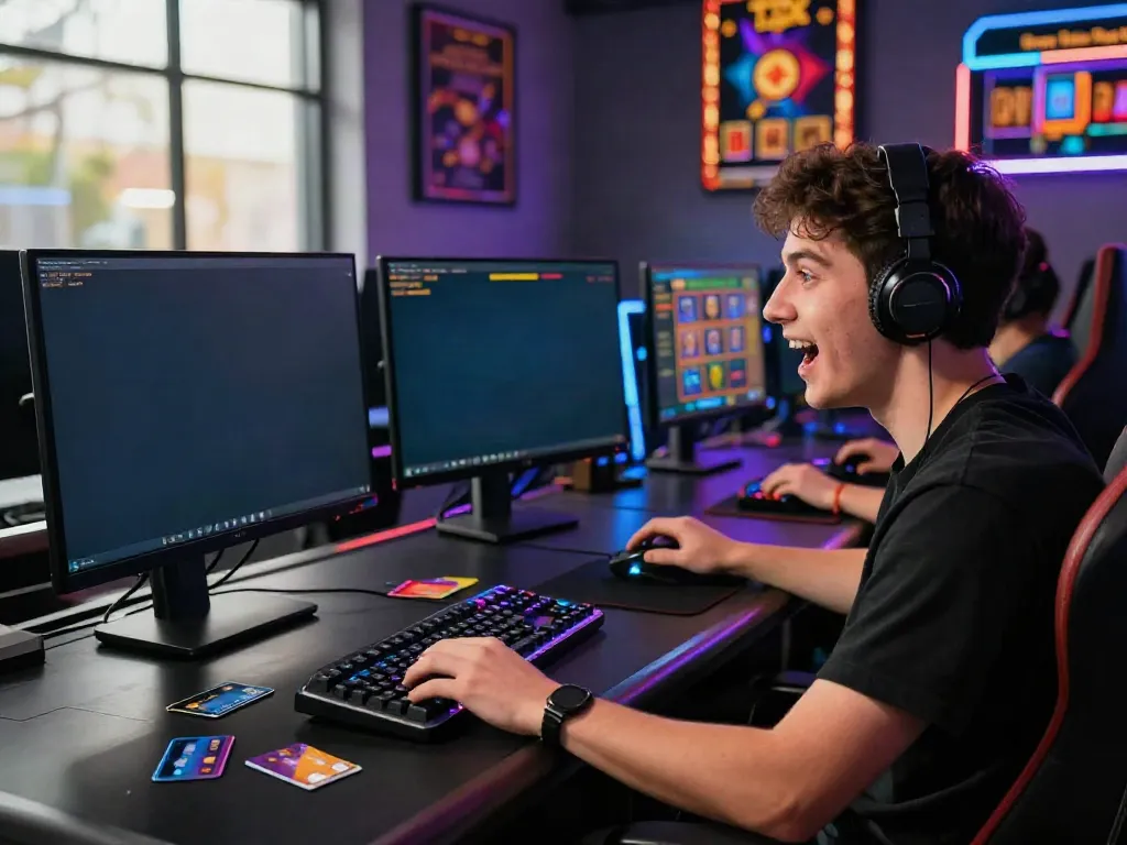 Exciting gaming scene at credit card casinos with player at dual monitors showcasing vibrant casino graphics.