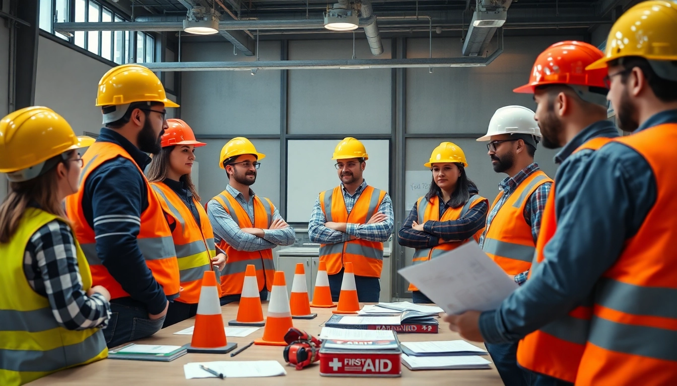 Participants in a construction safety training session practicing safe techniques and using gear.