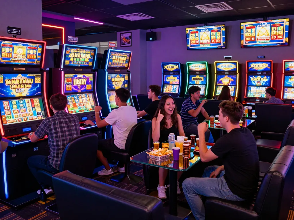 Pemain yang bersemangat menikmati situs slot gacor di lounge permainan yang hidup dengan lampu neon.