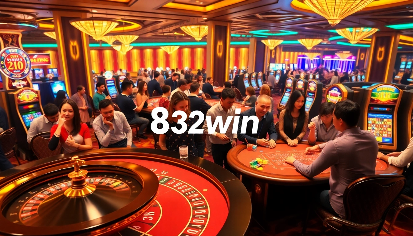 Players enjoying various games at 32win casino, featuring poker chips and roulette wheels in action.