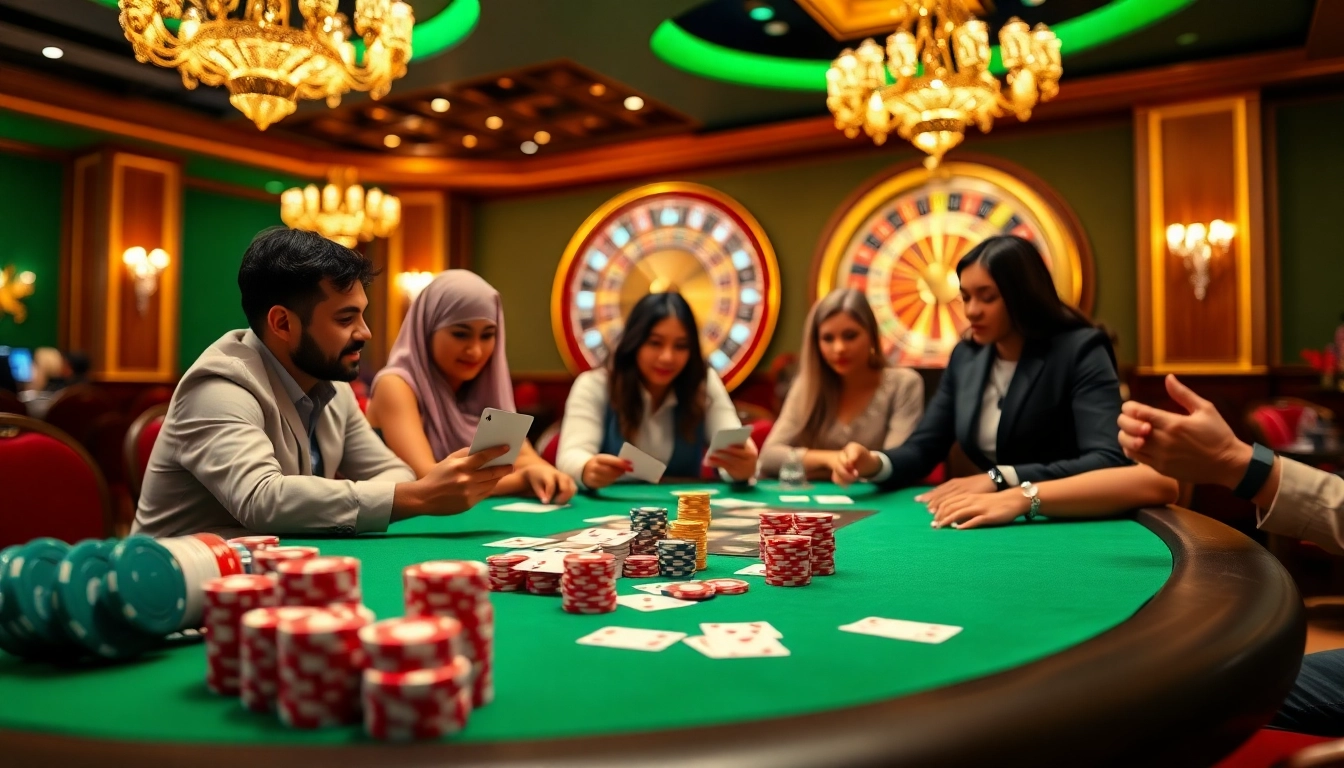 Players enjoying a thrilling game of idn poker with vibrant chips and cards at a luxury casino table.