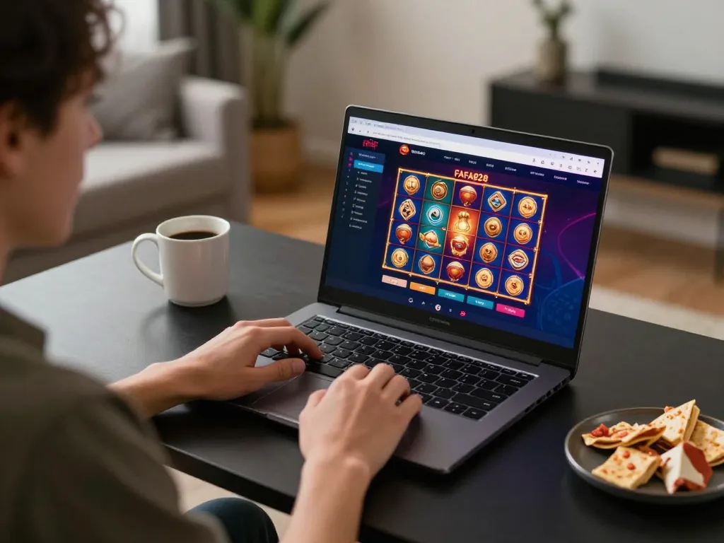 Engaging in online gameplay on FAFA828 with colorful slots in a cozy home setup