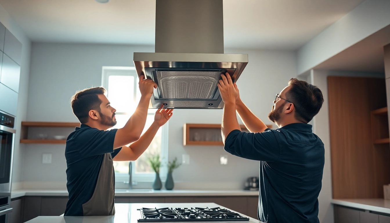 Range Hood Installation by a skilled technician in a modern kitchen setting.
