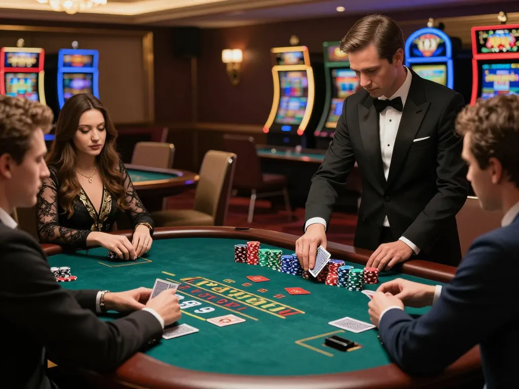 PG88 players making strategic bets at a high-end blackjack table in a luxurious casino atmosphere