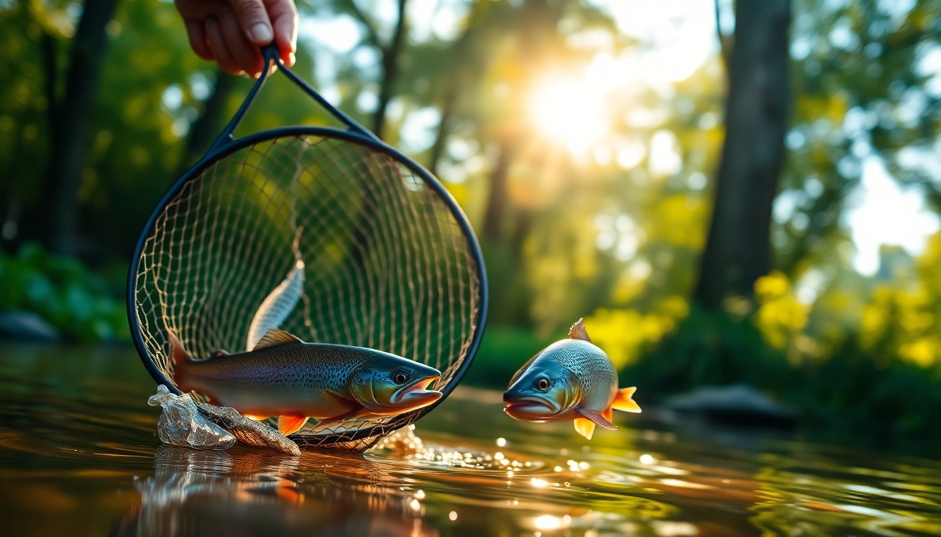 Angler skillfully using a fly fishing net to catch fish in a tranquil river setting.