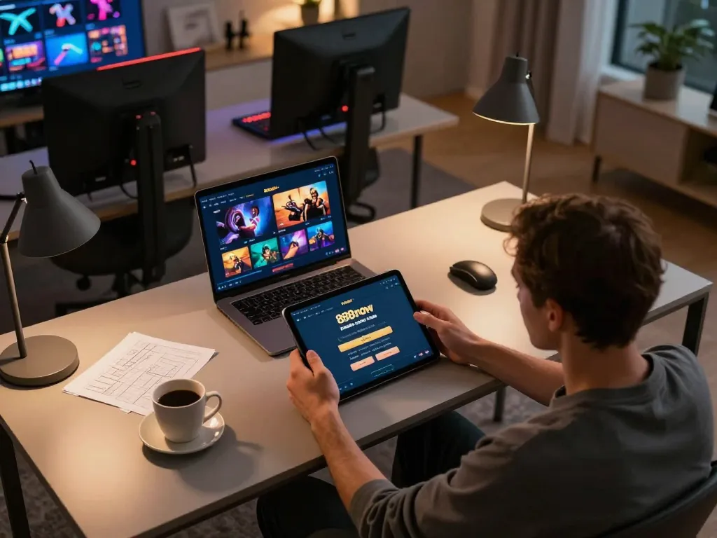 Engaging in 888now đăng nhập on tablet from a cozy home gaming setup with strategic notes.