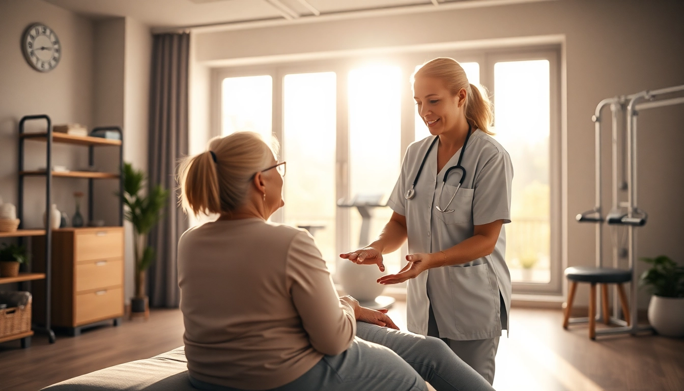 Physiotherapie in einer modernen Klinik mit einer Patientin und einer Physiotherapeutin.