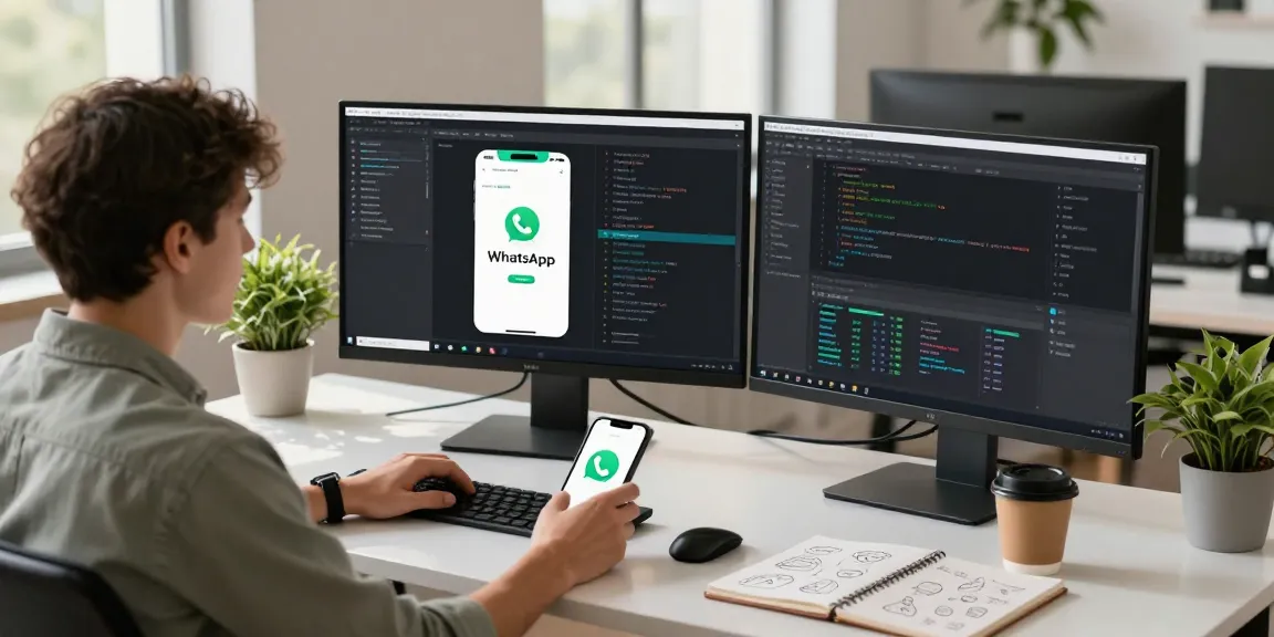 WhatsApp下載 focused mobile app development workspace with coding screens and smartphone.