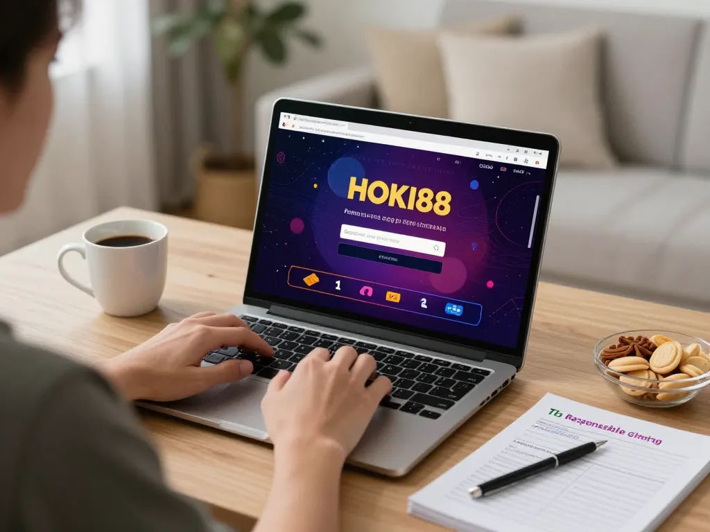 Berinteraksi dengan login alternatif HOKI88 di lingkungan permainan online yang nyaman, menampilkan seseorang yang menggunakan laptop dan catatan strategi.