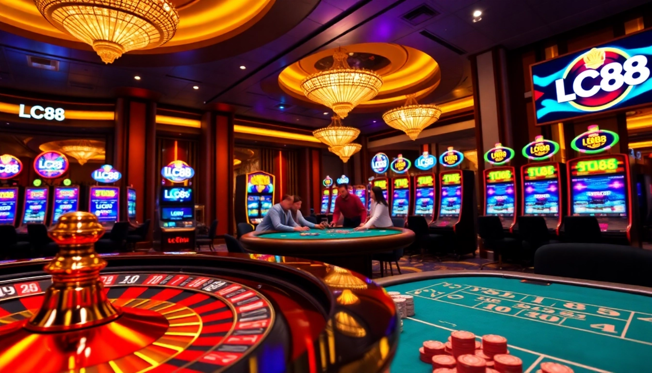 Exciting casino scene showcasing the thrill of betting at LC88 with roulette and poker elements.