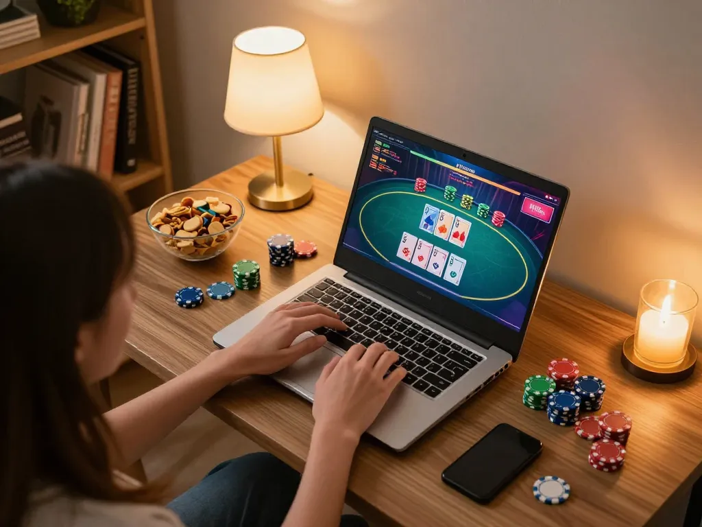 g28 trang chủ engaging in online poker from a cozy home gaming setup with chips and cards visible