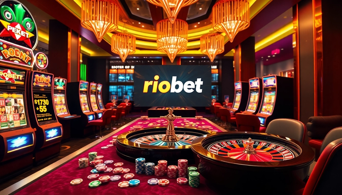 Experience the thrill of winning at Riobet Casino with vibrant slot machines and poker chips on a luxurious table.