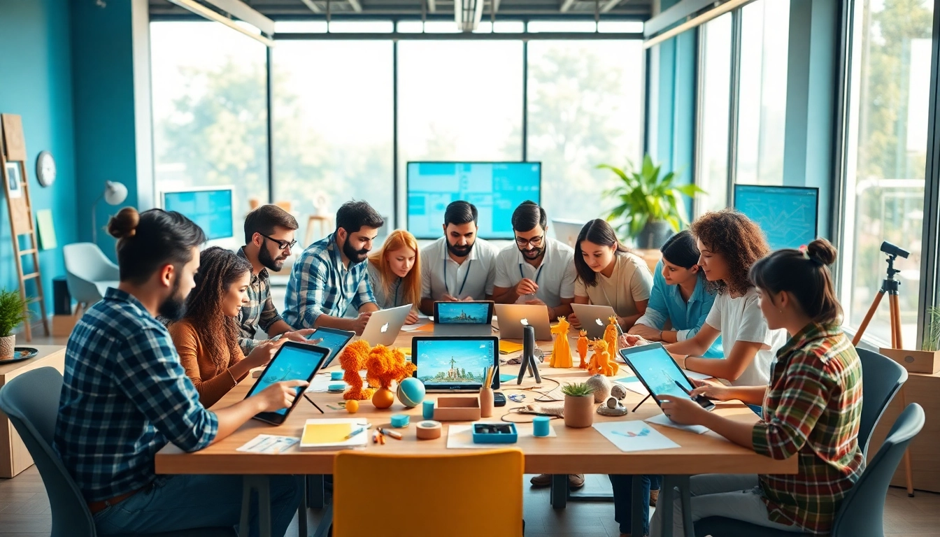 Animation Agency zeigt ein kreatives Team, das zusammenarbeitet und digitale Geräte nutzt.