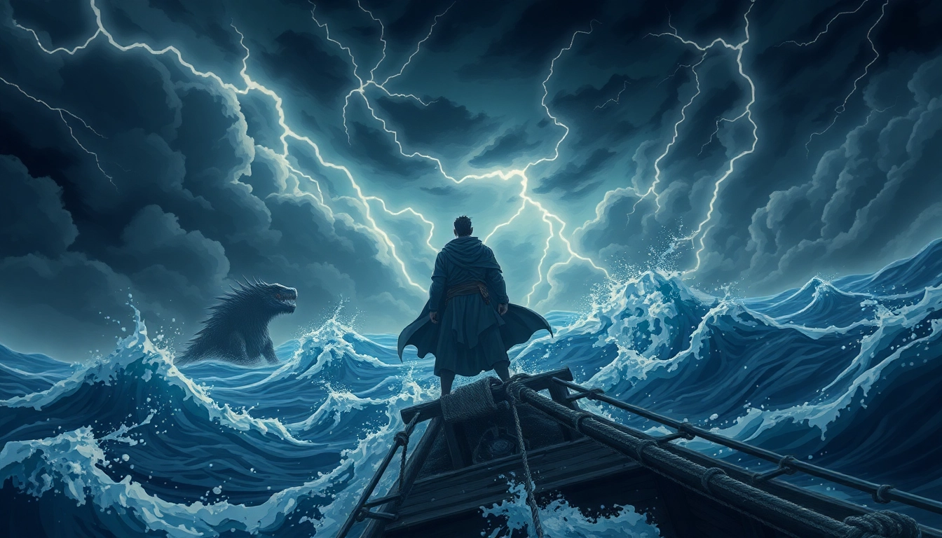 Illustration depicting odyssey meaning origin with a hero navigating turbulent seas, showcasing an epic journey.