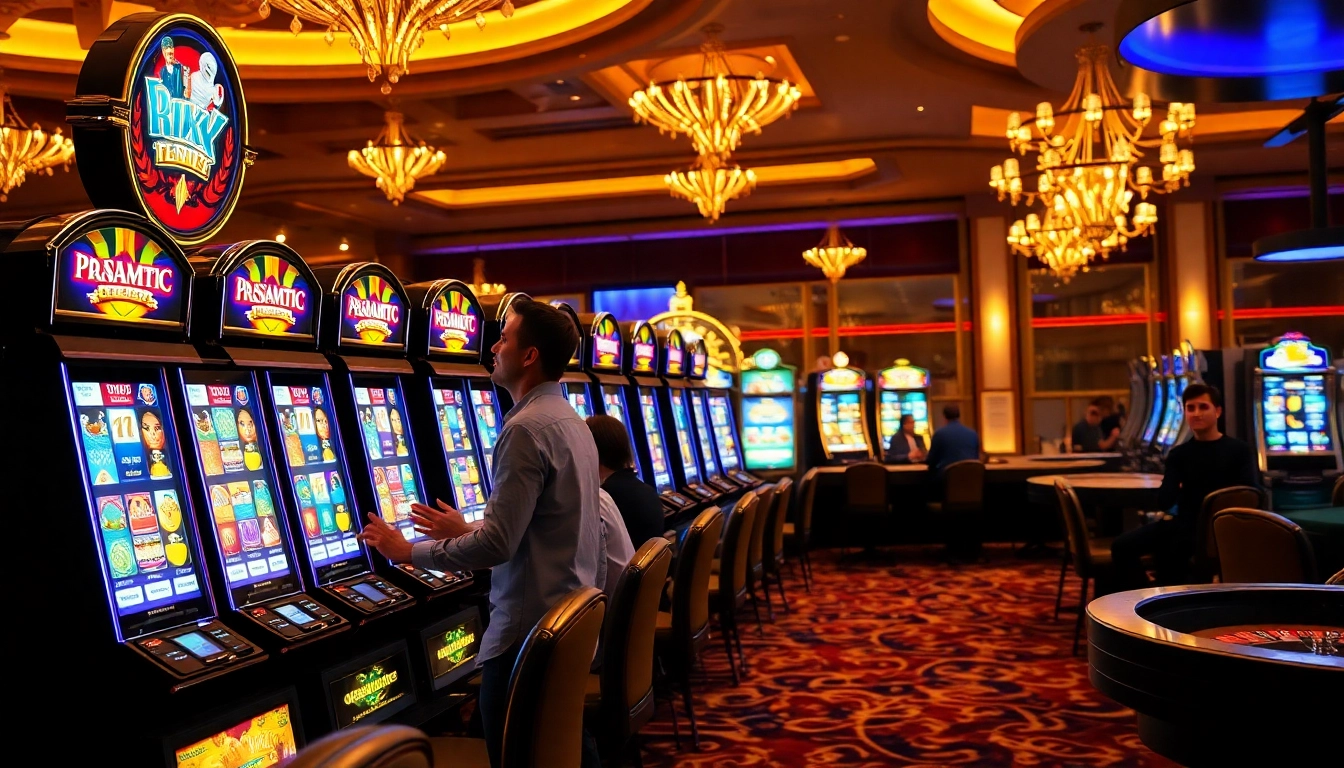 Players enjoying a vibrant pragmatic slot machine in a luxurious casino setting.
