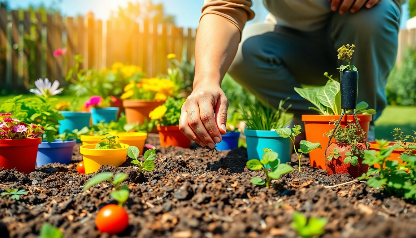 Gardening scene with a gardener planting seeds in vibrant, colorful plants and flowers.