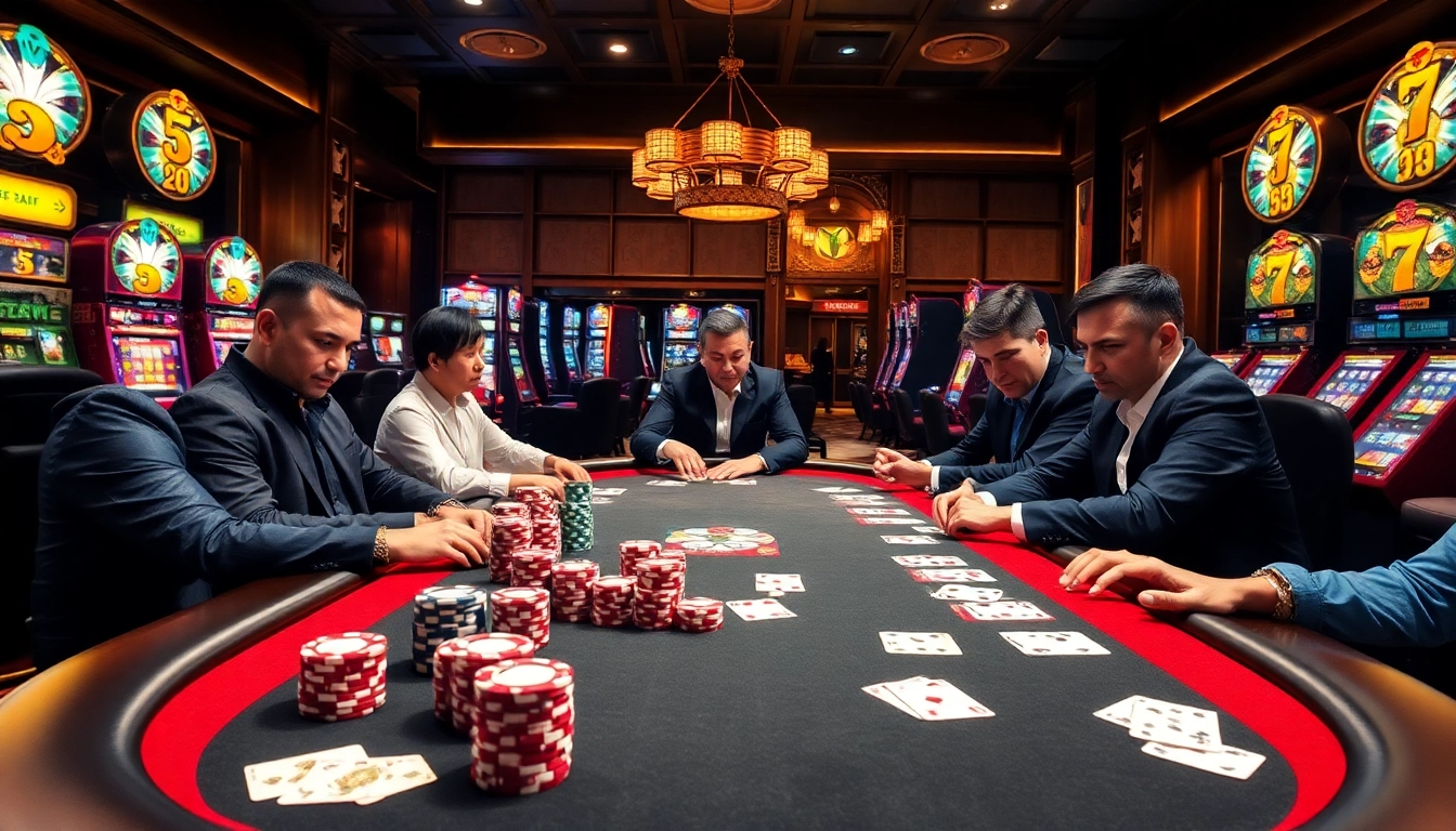 Analyze the reliability of 789BET through an exciting casino scene with poker players and games.