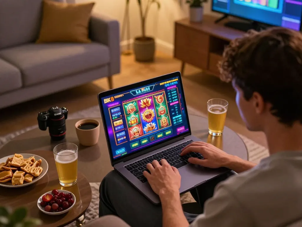 Player enjoying BK8 online casino gaming on a laptop in a cozy home setting with snacks.