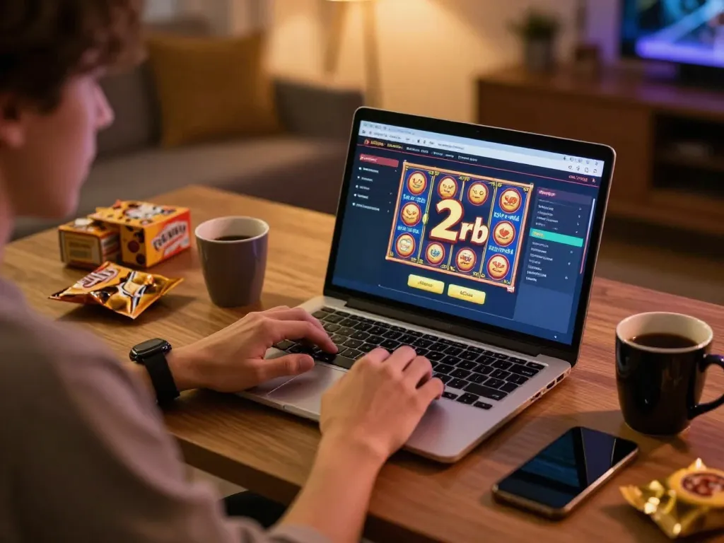 Engaging online gaming session demonstrating slot deposit 2rb via laptop, showcasing responsible gambling.
