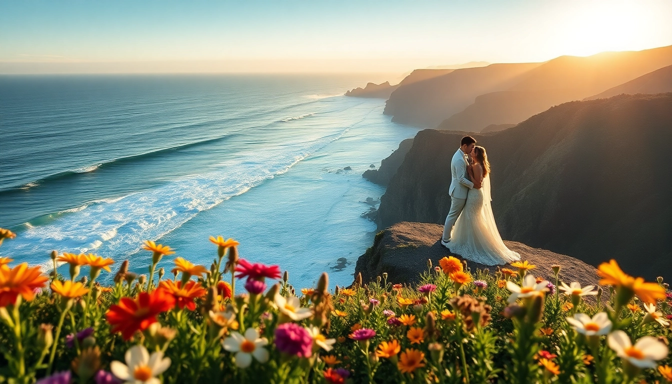 Big Sur wedding photographer capturing a couple's romantic cliffside vows during sunset.