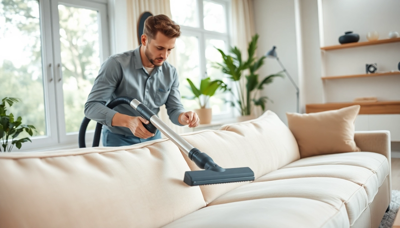 Sofa cleaning Dubai service in action with a professional cleaner and modern decor.