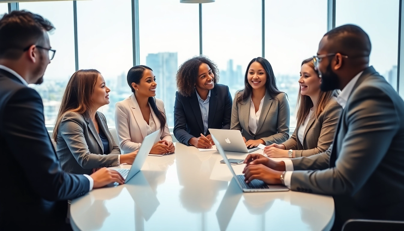 Engaged professionals search to find a job board for sales roles in a modern office environment.