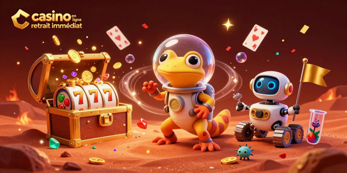 Casino en ligne retrait immédiat avec un gecko martien découvrant un casino doré sur Mars, entouré d'éléments de jeu dynamiques.