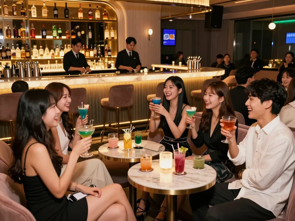 Luxurious atmosphere of 강남쩜오 with lively social interactions and elegant decor.