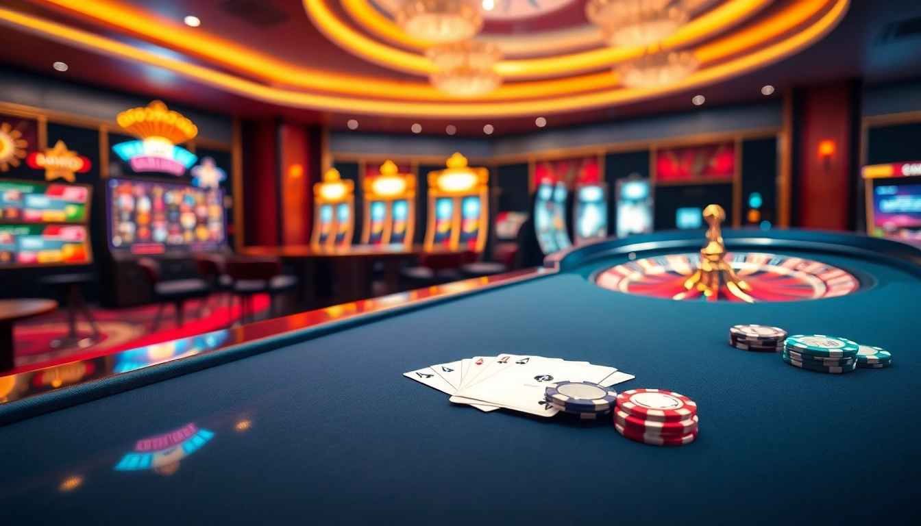Scène captivante du meilleur casino en ligne avec table de poker, roue de roulette et machines à sous vibrantes.