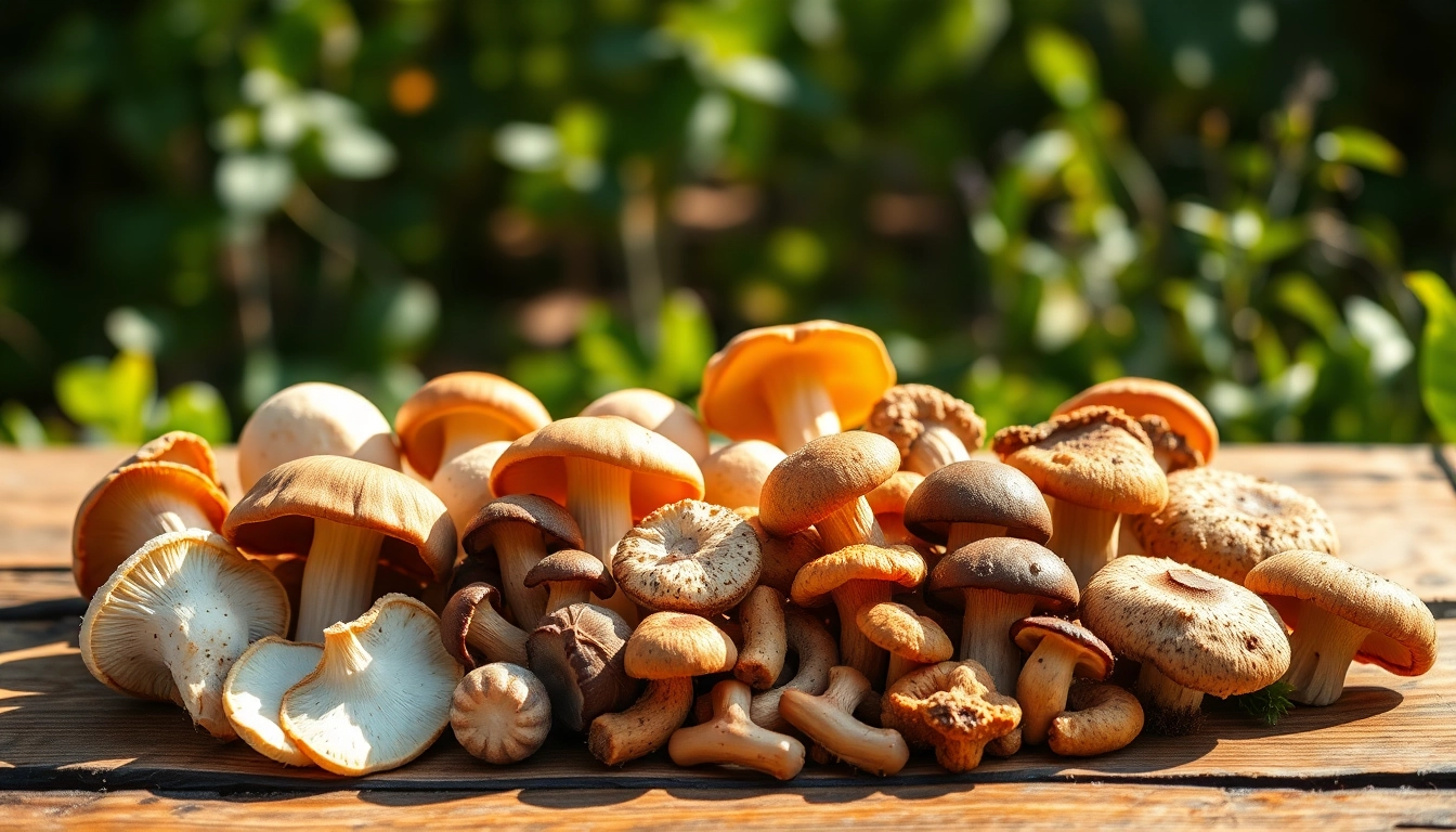 Buy mushrooms online Canada with a colorful display of various fresh mushrooms on a rustic table.