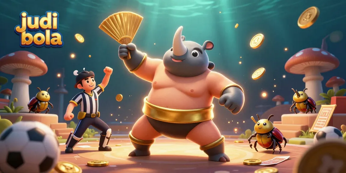 Engage in judi bola with a vibrant 3D scene featuring a beetle champion and sports betting elements.