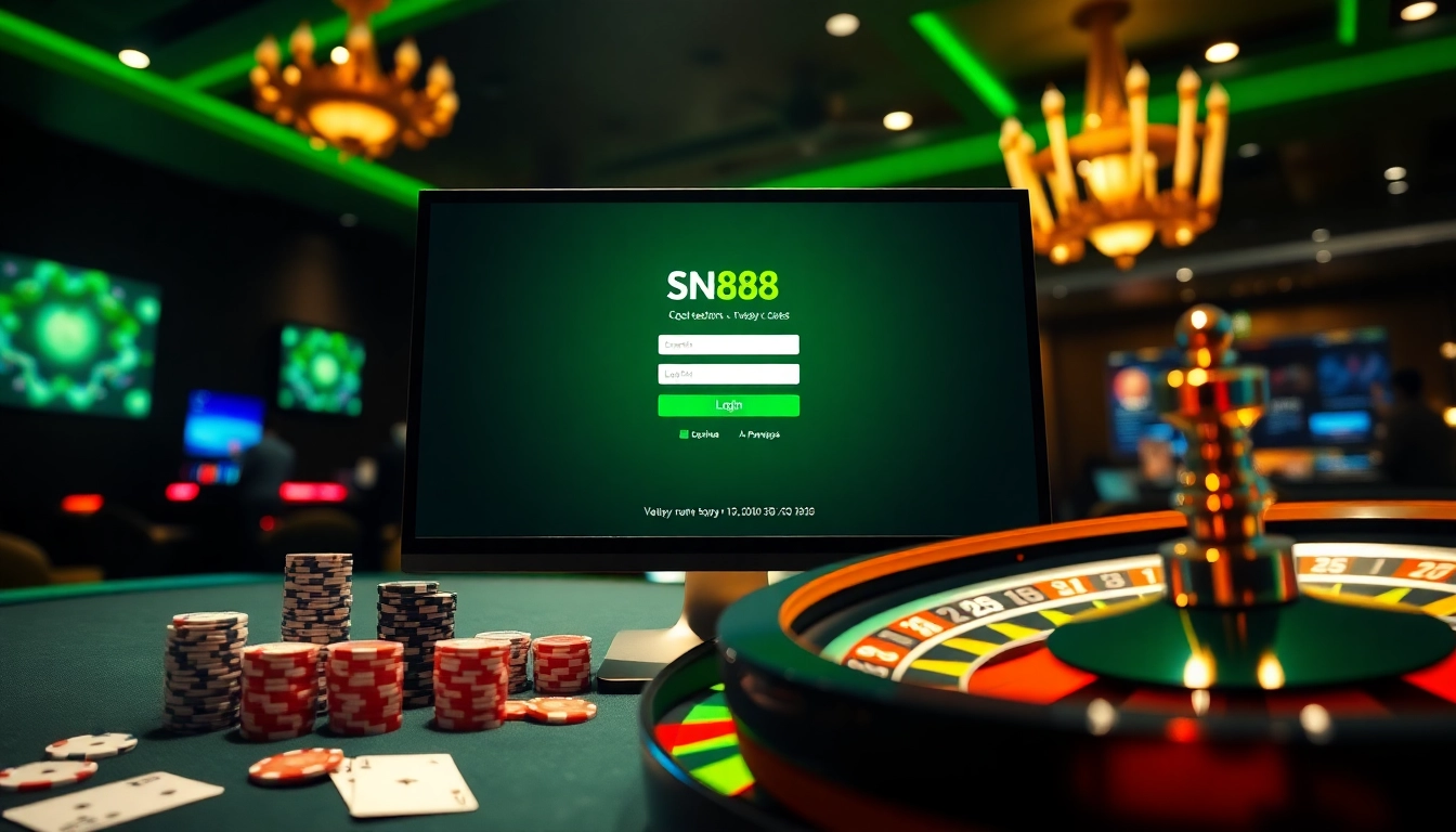 Engaging visual of SN888 Login interface with poker chips and a roulette wheel in an elegant casino scene.