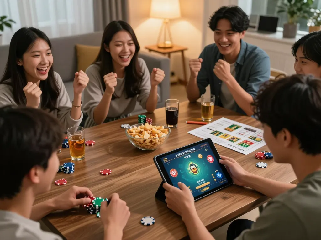 Player enjoying gajah toto game on tablet surrounded by friends in a cozy living room setting