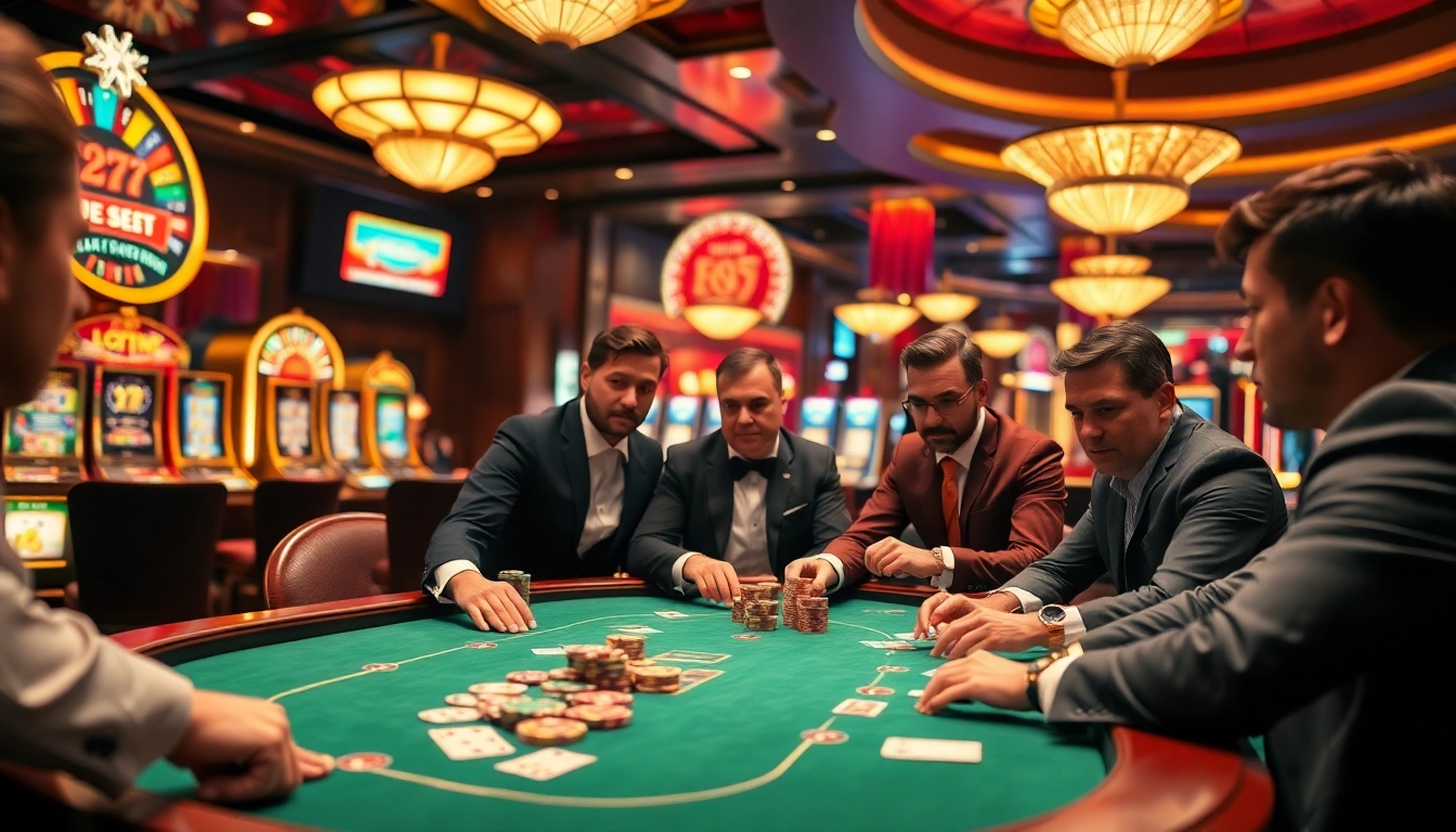 Engaged players strategizing in a high-stakes KJ C poker game surrounded by vibrant casino visuals.