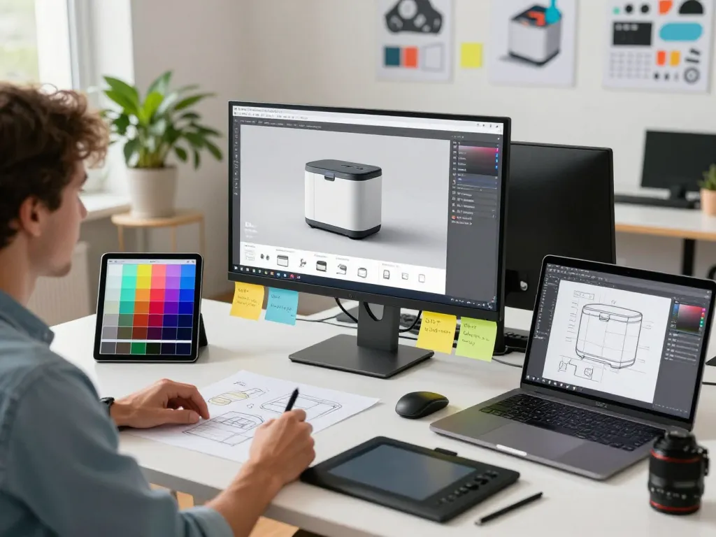 Interactive 3D product configurator software design in a modern office with vibrant tools and creative ambiance.