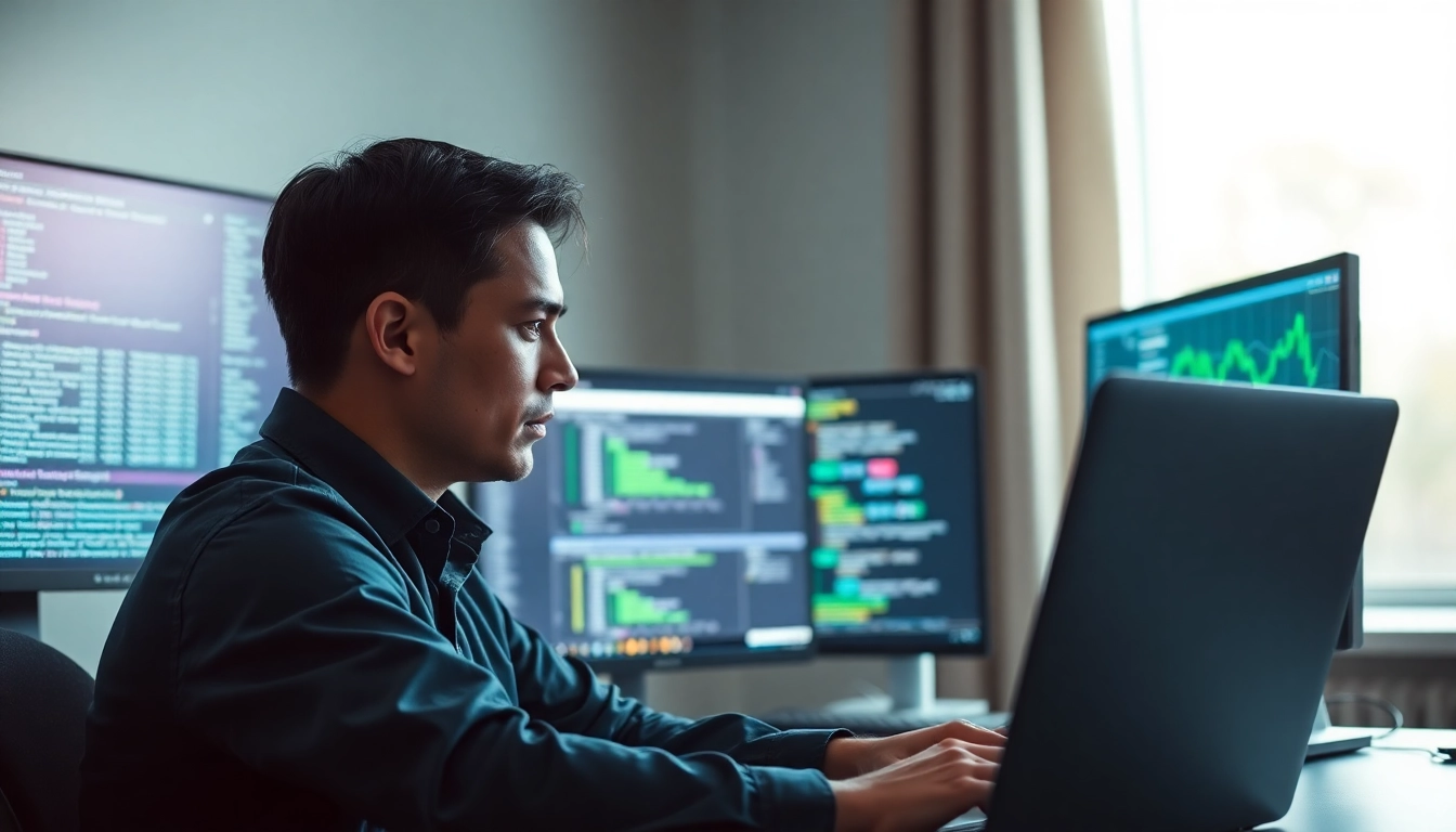 DoesQA test automation engineer analyzing data on multple screens with focused attitude.