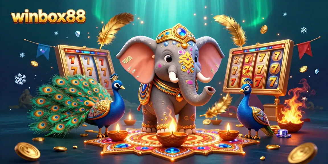 Winbox88 showcases a vibrant 3D illustration with a Diwali elephant, casino elements, and festive decor.