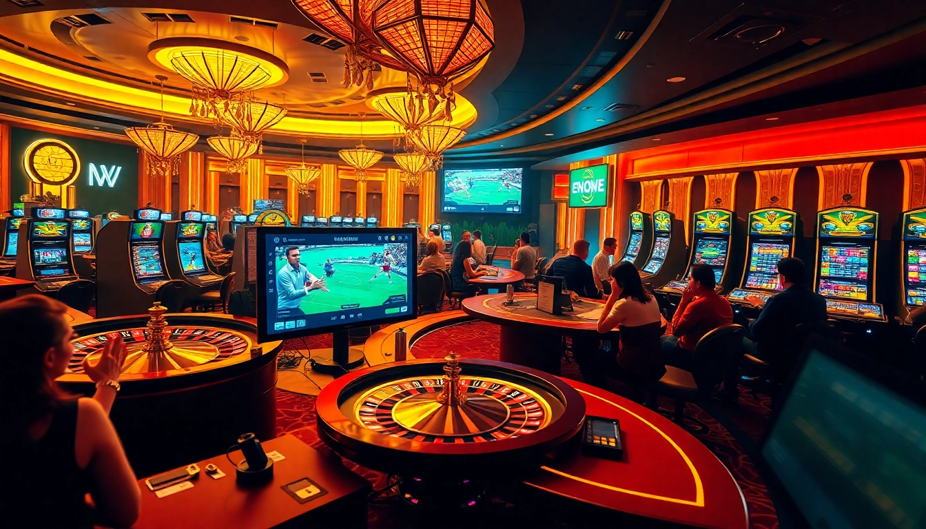 Experience trực tiếp bóng đá excitement at a luxurious casino with vibrant gaming tables.