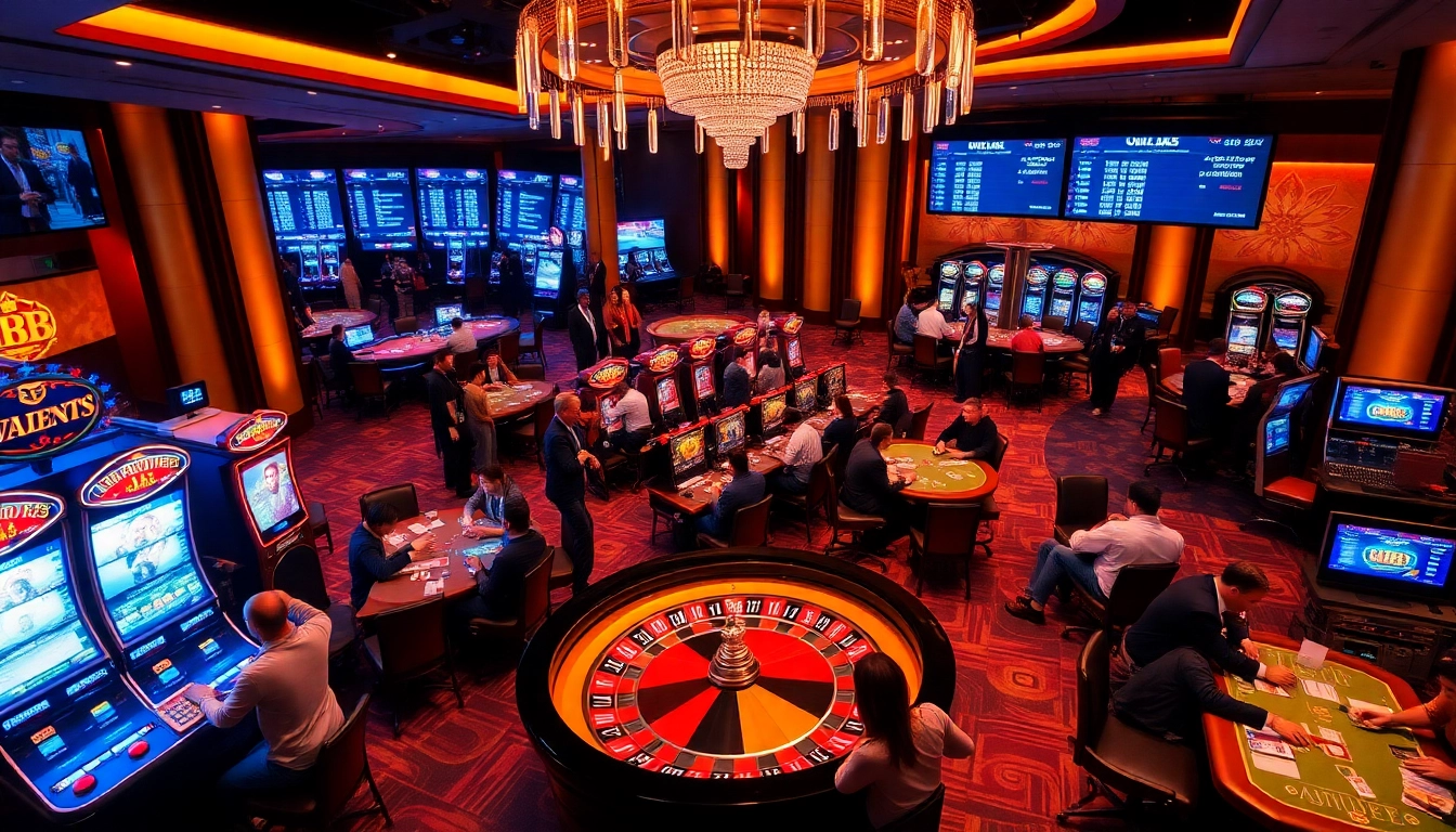 Engaging scene of diverse gamblers enjoying casino games at uu88's modern gaming hubs.