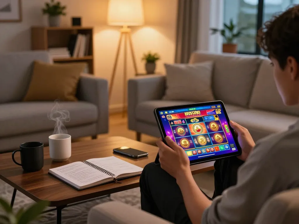 Person playing สล็อตวอเลท on a tablet in a cozy home setting, warm lighting creating a relaxed atmosphere.