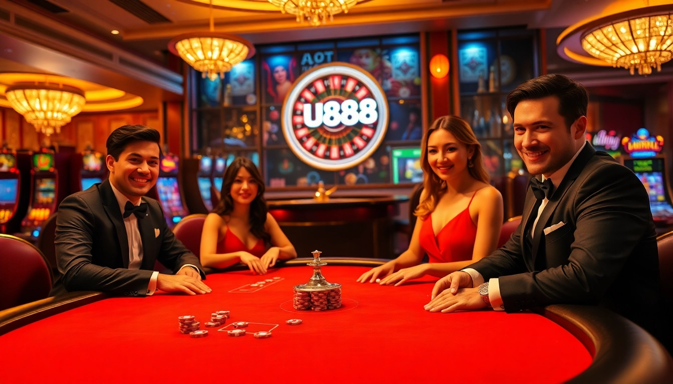 Experience the thrill of U888 casino with players enjoying high-stakes poker amid luxury and excitement.