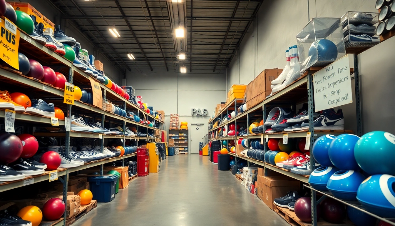 Used bowling equipment displayed in a well-lit warehouse showcasing variety and affordability.