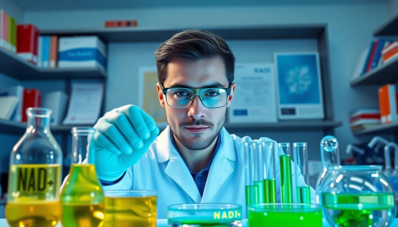 NAD+ being analyzed by a scientist in a high-tech lab, highlighting research and discovery.