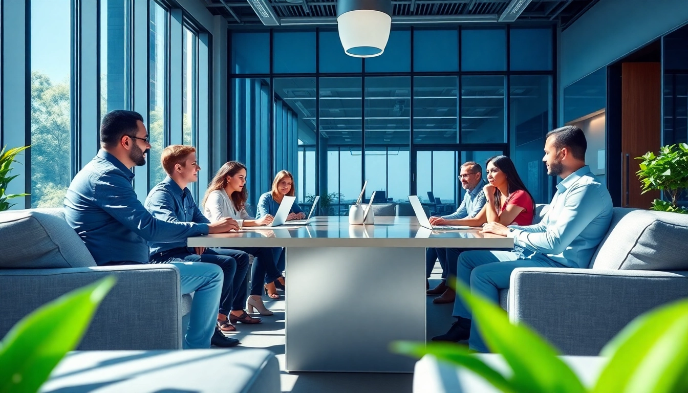 Business professionals collaborating in a modern office environment, showcasing teamwork and innovation.
